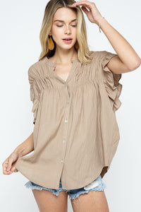 Woven Button-Down Ruffle Sleeve Top