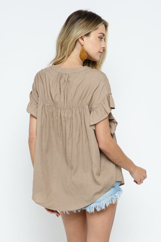 Woven Button-Down Ruffle Sleeve Top