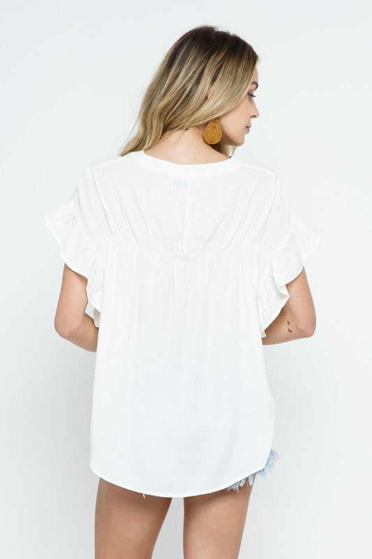 Woven Button-Down Ruffle Sleeve Top